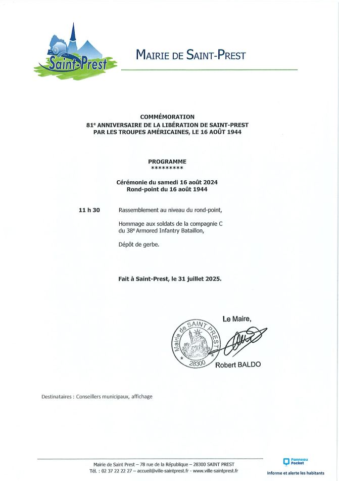 COMMÉMORATION  DU 81e ANNIVERSAIRE DE LA LIBÉRATION DE SAINT-PREST PAR LES TROUPES AMÉRICAINES, LE 16 AOÛT 1944