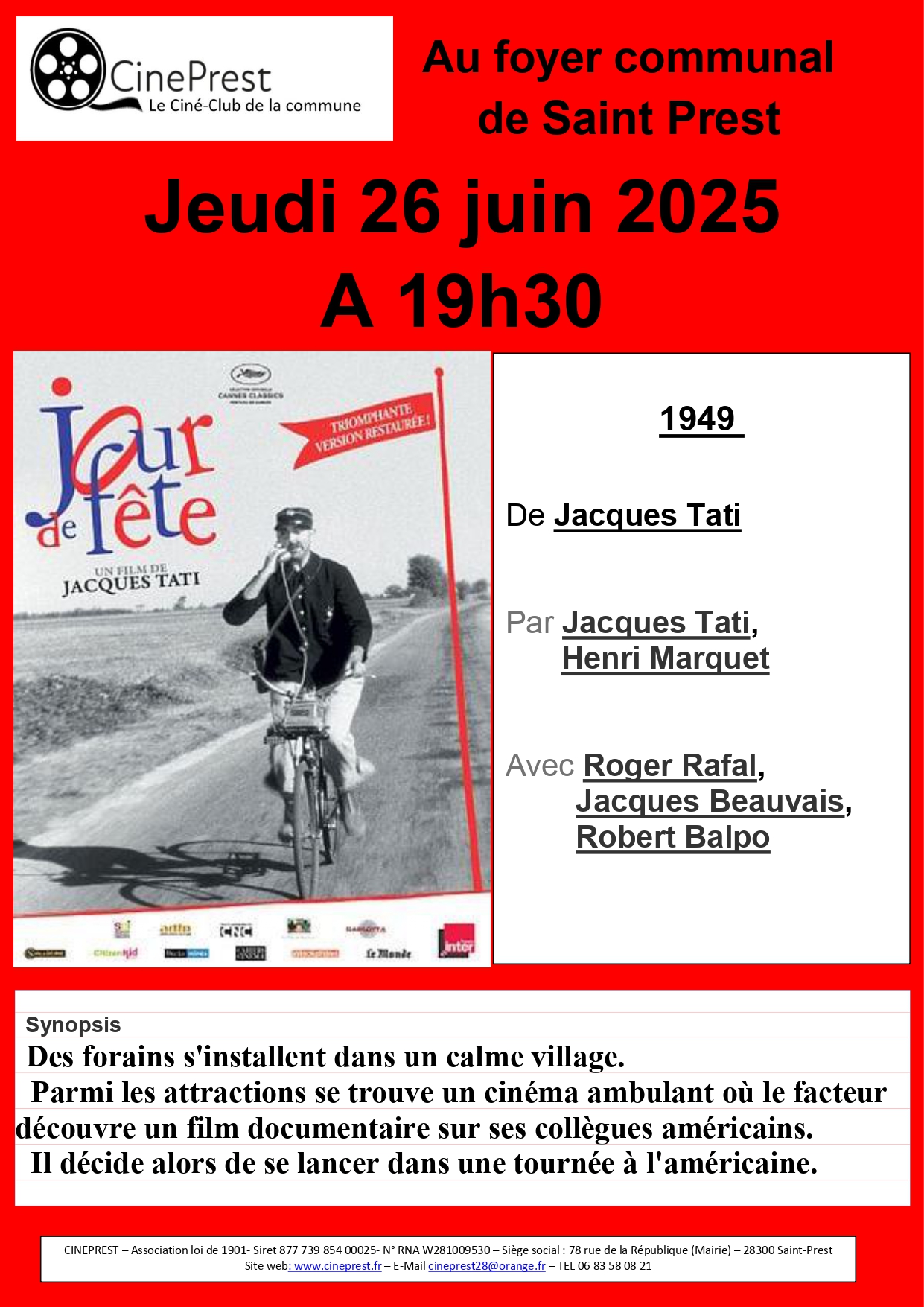 PROJECTION CINÉPREST - JEUDI 26/06 19h30* DERNIÈRE SÉANCE