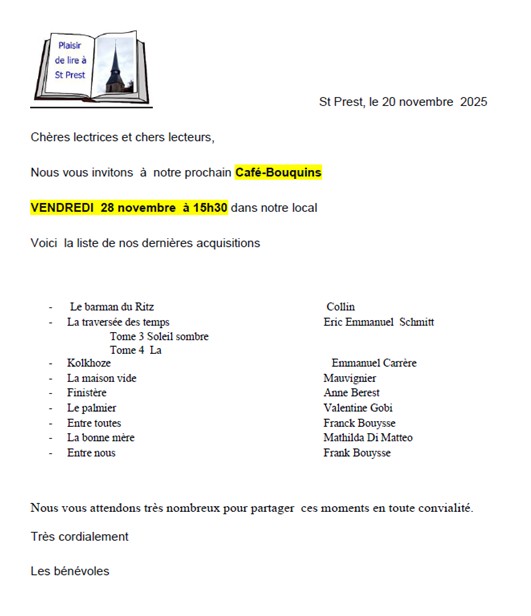 CAFÉ-BOUQUINS AVEC PLAISIR DE LIRE A SAINT-PREST